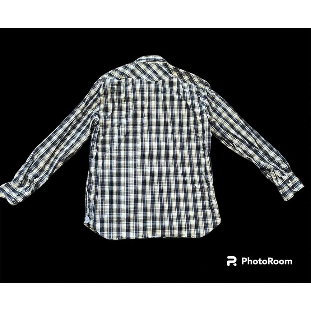Banana Republic Men Size L Blue Windowpane Cotton Pearl Snap Long Sleeve Shirt